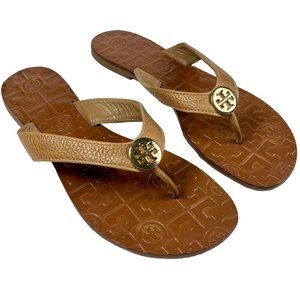 Tory Burch Size 7 Sandals THORA Tumbled Leather Tan Gold Thong  Flip Flops